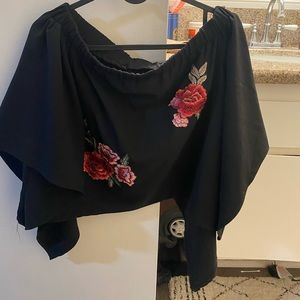 Women off shoulder black shirt with roses stitching